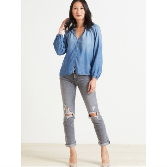 Anthropologie Cloth & Stone Ruffle Raglan Button Down Blouse - Picture 2 of 9